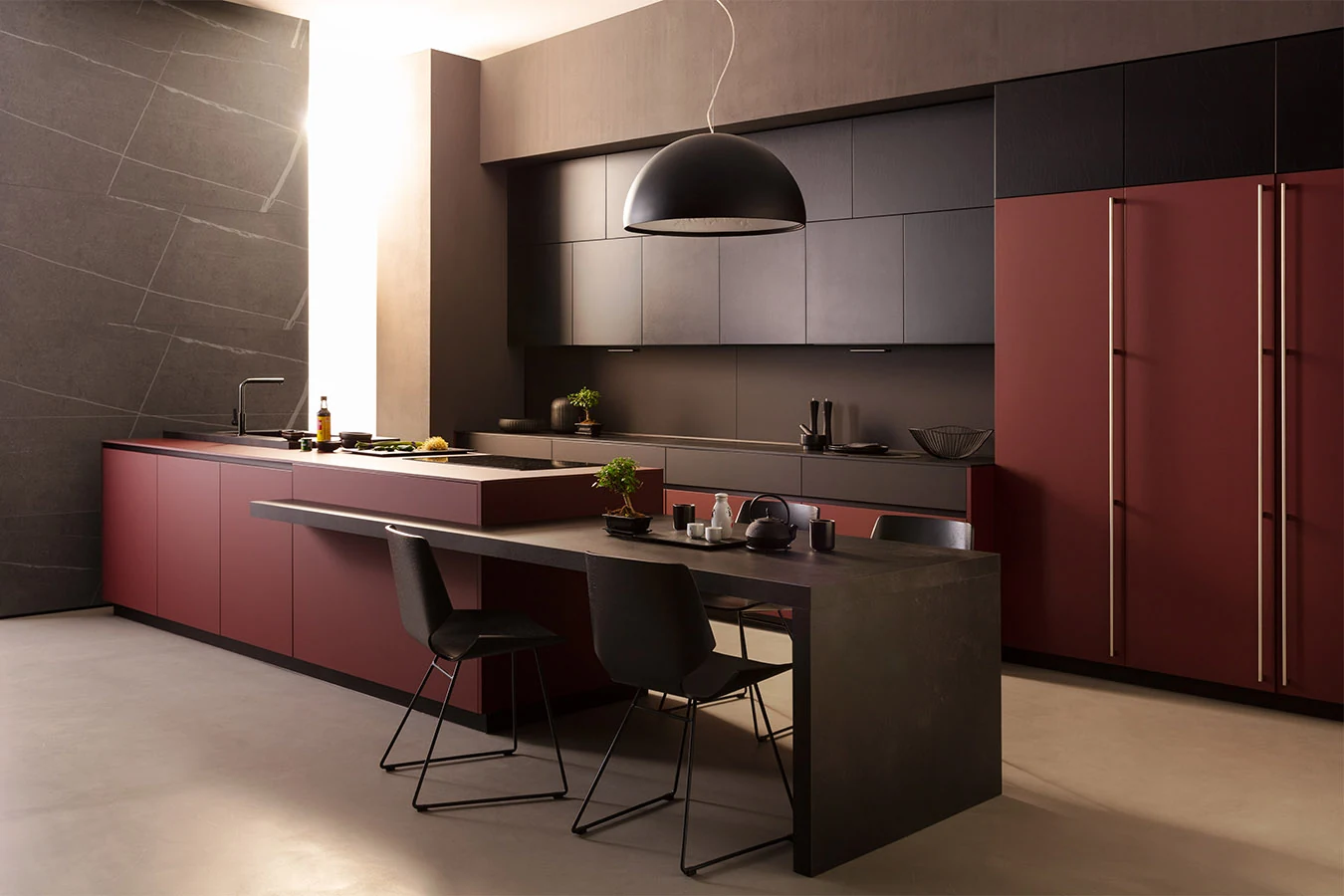 The burgundy island kitchen from the Stallion Kitchens design catalog