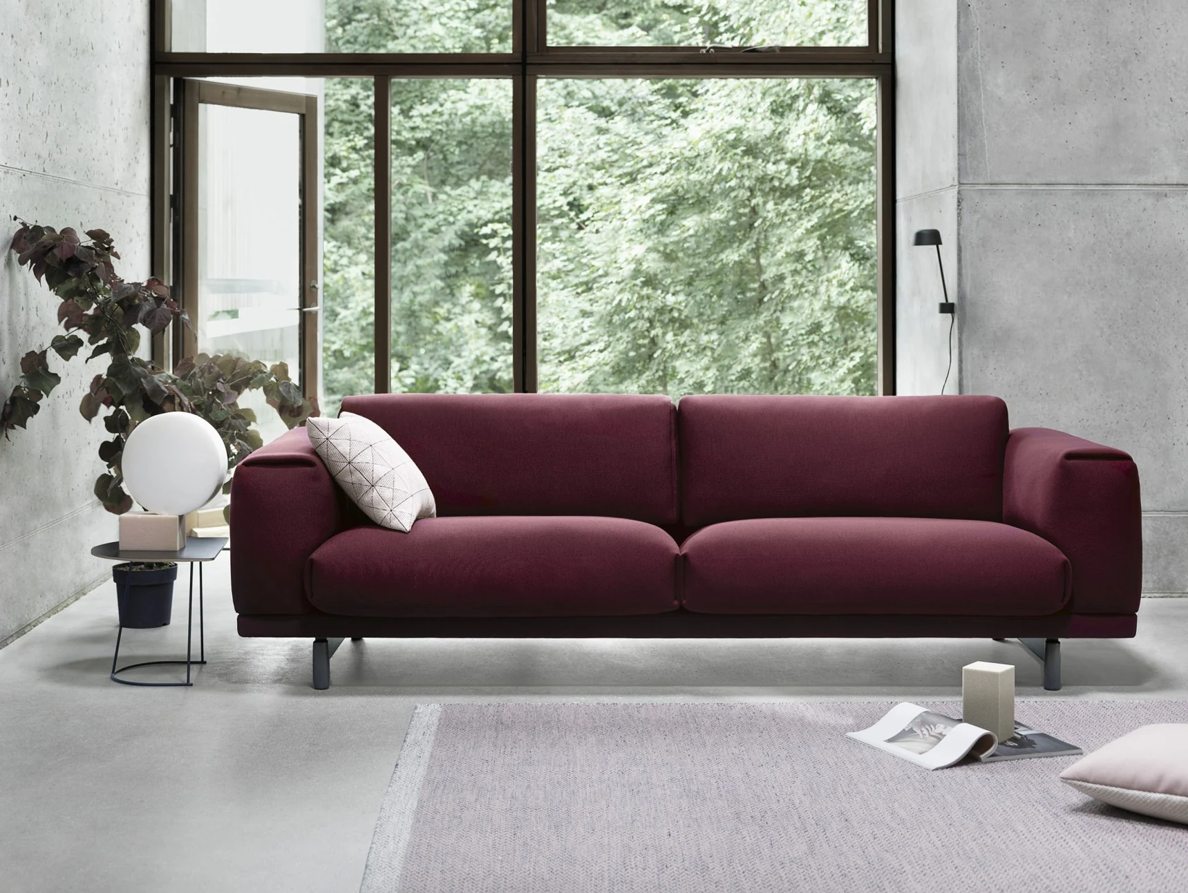 The burgundy sofa from the Stallion Living design catalog