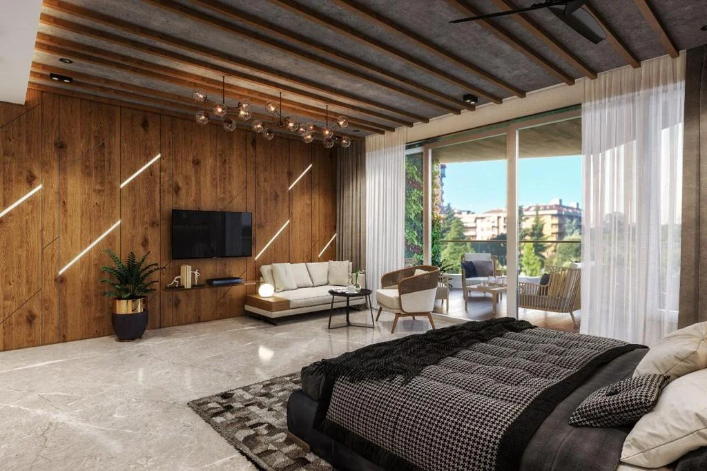 A contemporary interior with warm wood and panoramic windows