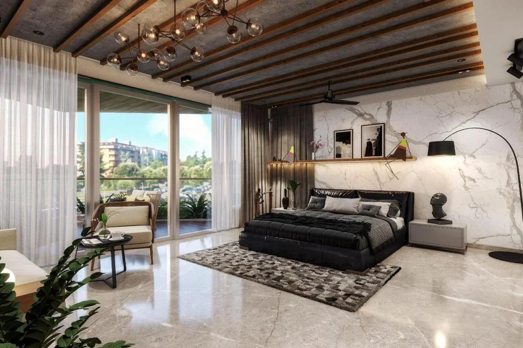Coordinated contemporary interior with wood ceiling and layered furnishings